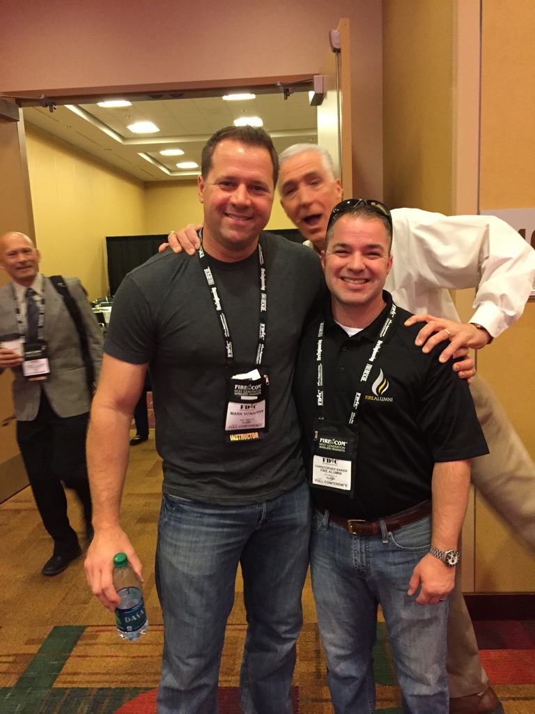Fully Involved Instructor, Fire Captain (Retired) Mark VonAppen (L), Chief (Retired) Bobby Halton (C) at the Fire Department Instructors Conference (FDIC) 2015 | (Image Credits: Author).